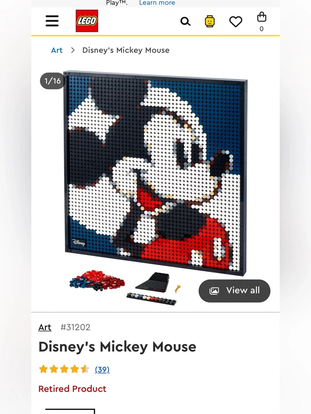Lego Mickey Mouse Pixel Art Mosaic- RETIRED